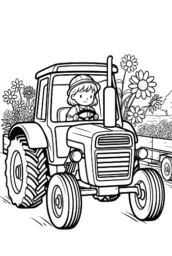 Modern Farm Tractor Parked Near Trees and Bushes Printable