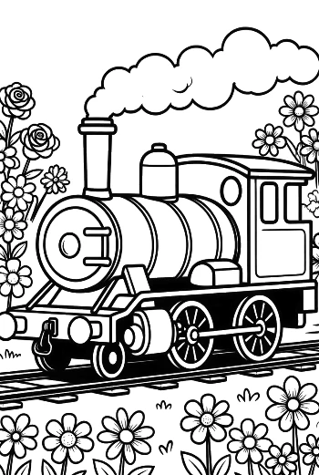 Antique Steam Train Traveling Along a Flowery Railway Track Printable