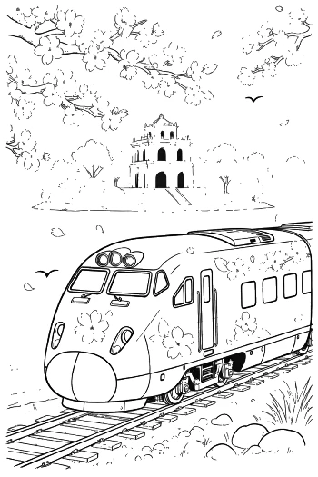 Bullet Train Speeding Past a Traditional Pagoda Under a Clear Sky Printable