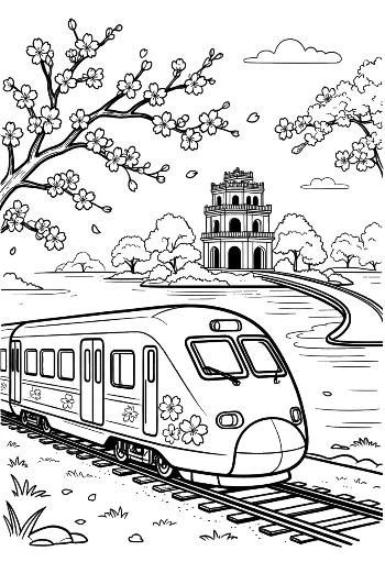 Bullet Train Traveling Through a Valley with Ancient Architecture Printable
