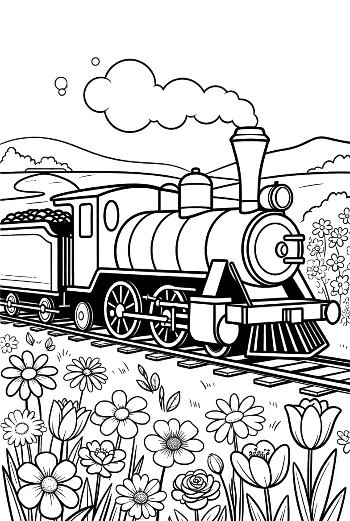 Classic Locomotive Traveling Past a Field of Wildflowers Printable