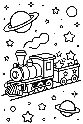 Cosmic Steam Train Traveling Through a Galaxy of Planets Printable