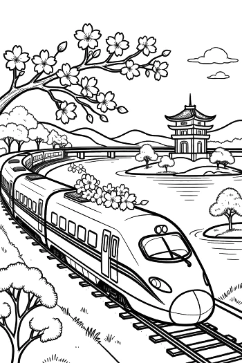 Electric Bullet Train Crossing a Bridge Near a Mountain Lake Printable