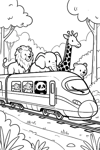 Express Train Passing a Panda and Giraffe in the Wild Printable