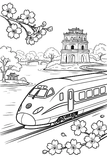 Fast Bullet Train Passing by Traditional Japanese Temples Printable