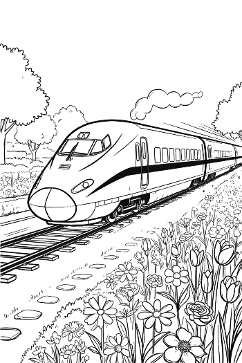 High-Speed Train Moving Through a Lush Green Valley Printable
