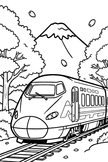 Japanese Bullet Train Racing Toward a Snow-Capped Mountain Peak Printable