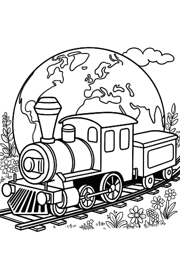 Locomotive Puffing Smoke in Front of a Giant Planet Earth Printable