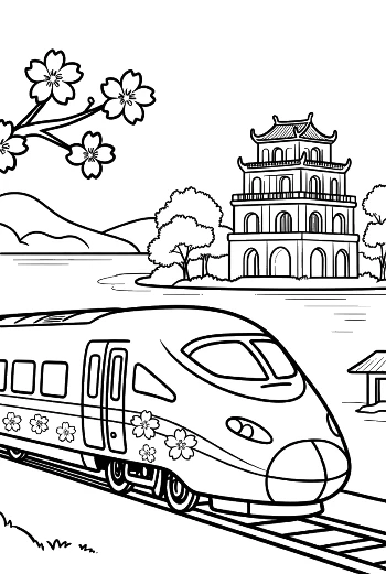Modern Rail Transport Traveling Through a Historic Asian Village Printable
