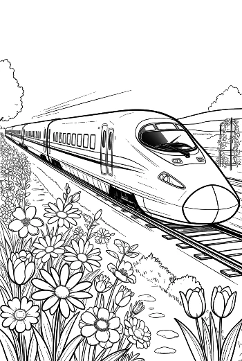 Modern Train Traveling Along a Hillside Covered in Wildflowers Printable