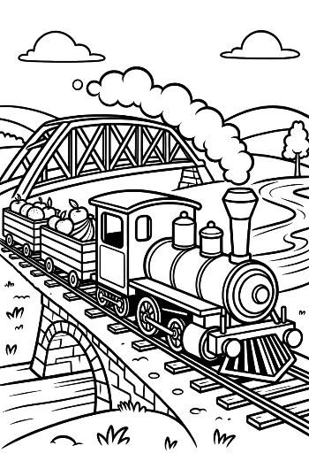 Powerful Locomotive Traveling Across a Long Steel Bridge Span Printable