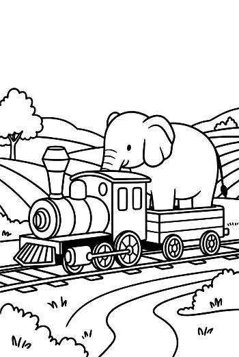Powerful Steam Engine Transporting a Happy Elephant Passenger Printable