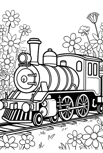 Powerful Steam Locomotive Puffing White Smoke in the Garden Printable