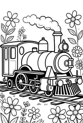 Retro Steam Locomotive Surrounded by Blooming Spring Flowers Printable