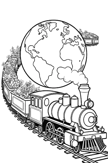 Steam Engine on a Track Wrapping Around the World Globe Printable