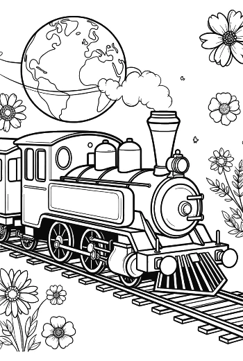 Steam Engine Traveling Across a Floral World Map Background Printable