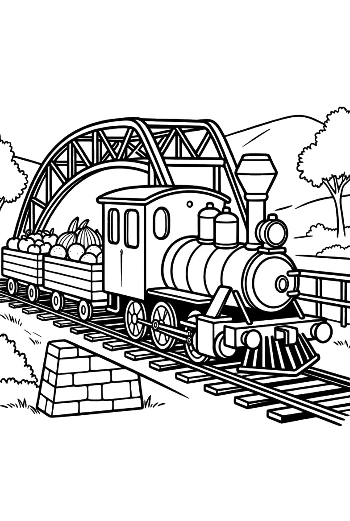 Steam Locomotive Traveling Over a Sturdy Railway Bridge Printable