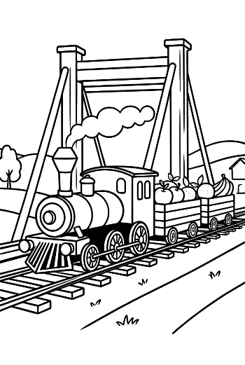 Steam Train Engine Crossing a High Suspension Railway Bridge Printable