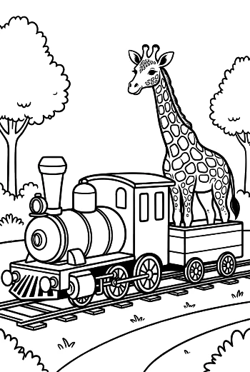 Steam Train Engine Hauling a Giraffe Through the Savanna Printable
