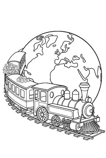 Steam Train Traveling Around the Globe with Fluffy Clouds Printable